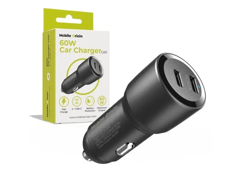 MOBILE ORIGIN USB-C PD 60W ΦΟΡΤΙΣΤΗΣ ΑΥΤΟΚΙΝΗΤΟΥ 2X USB-C ΜΑΥΡΟΣ