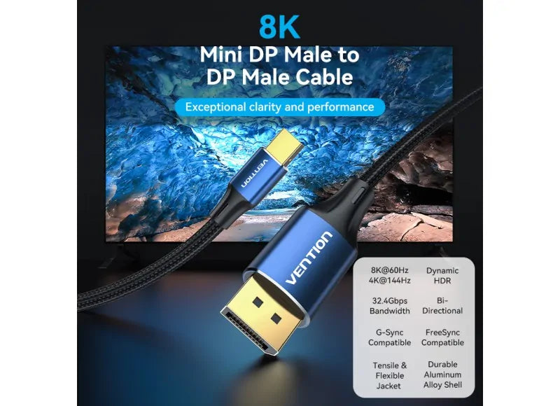VENTION COTTON BRAIDED CABLE MINI DP MALE TO DP MALE (2M, 8K) (ALUMINUM BLUE)
