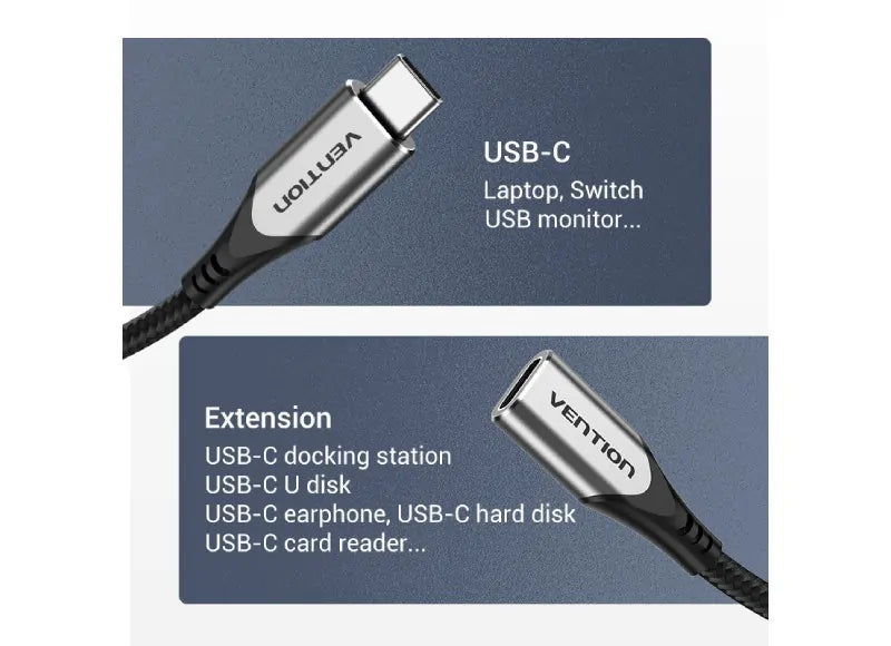 VENTION USB-C EXTENSION CABLE 1M - COTTON BRAIDED (GRAY)
