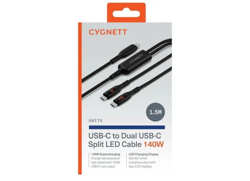 Cygnett Καλώδιο Unite Dual USB-C σε USB-C Y 140W με LED Display 1.5m Μαύρο