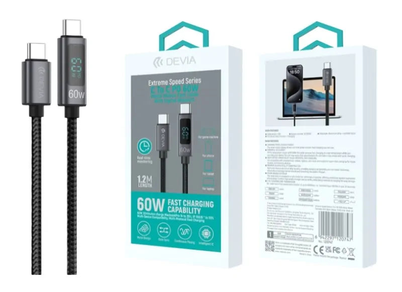 Devia Καλώδιο Extreme Speed Series USB-C σε USB-C PD 60W Woven With Display 1.2m Μαύρο