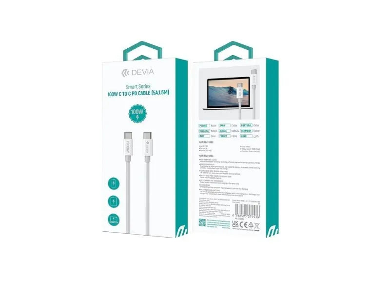 DEVIA SMART SERIES 100W C TO C PD CABLE 5A 1.5M WHITE