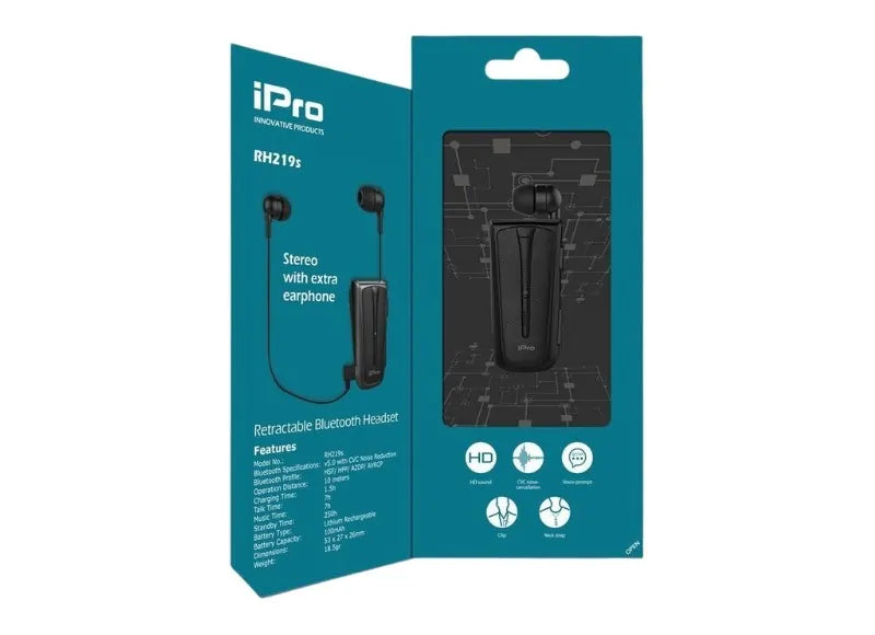 IPRO BLUETOOTH RH19S RETRACTABLE ΑΣΥΡΜΑΤΑ ΑΚΟΥΣΤΙΚΑ (ΜΑΥΡΟ)