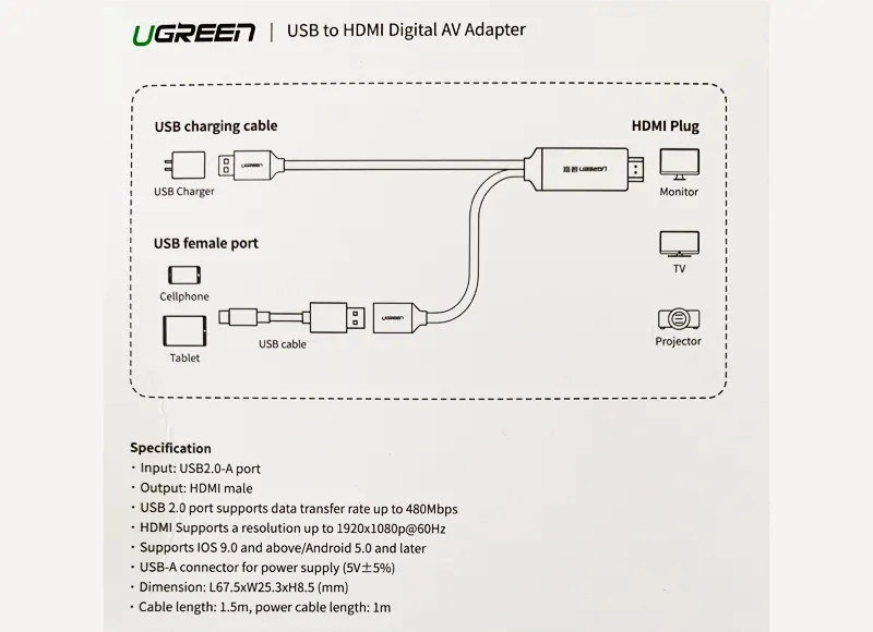 Ugreen Cable Adapter USB to HDMI iOS/Android 1.5m Grey