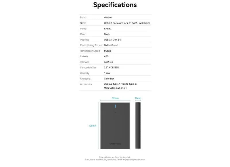 VENTION Case for 2.5" SATA Hard Drive with USB 3.1 connection (BLACK)