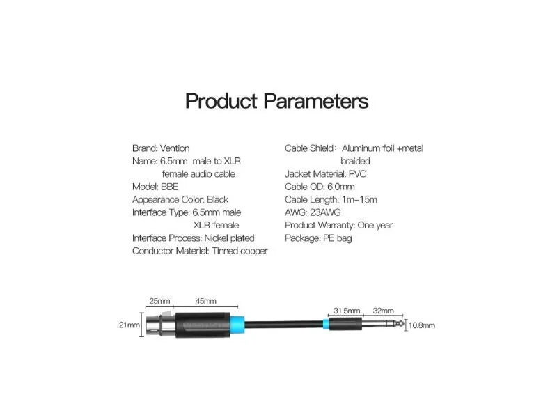 VENTION 6.35MM TRS MALE TO XLR FEMALE AUDIO CABLE 1.5M BLACK