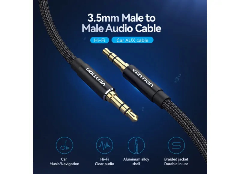VENTION AUDIO CABLE 3.5MM MALE TO MALE COTTON BRAIDED 1.5M (BLACK ALUMINUM)