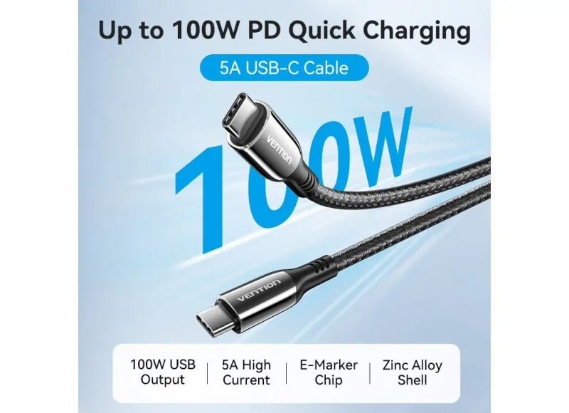 VENTION BRAIDED USB C TO USB C MALE 5A CABLE 2M (100W, BLACK)