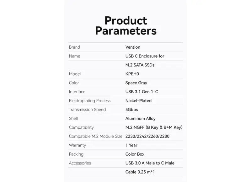 VENTION M.2 NGFF Θήκη για Σκληρό Δίσκο SSD USB 3.1 GEN 1-C (GRAY ALUMINUM)