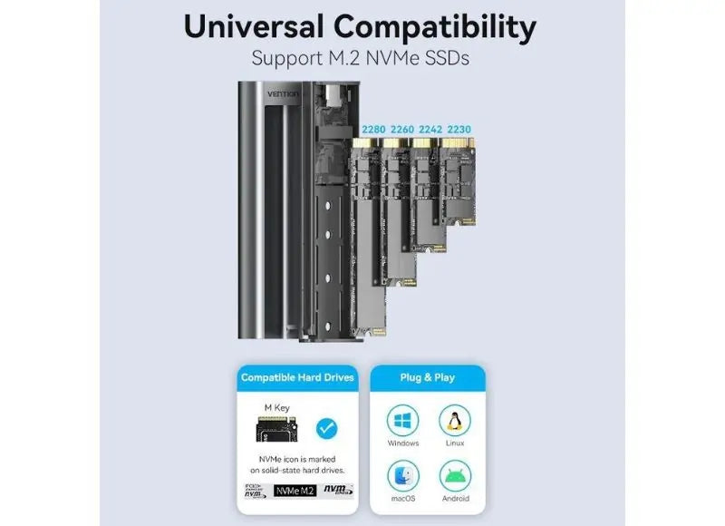 VENTION M.2 NVME Θήκη για Σκληρό Δίσκο SSD USB 3.1 GEN 2-C (GRAY ALUMINUM)