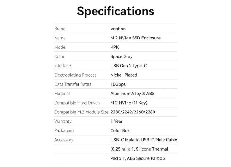 VENTION M.2 NVME Θήκη για Σκληρό Δίσκο SSD USB 3.1 GEN 2-C (GRAY ALUMINUM)