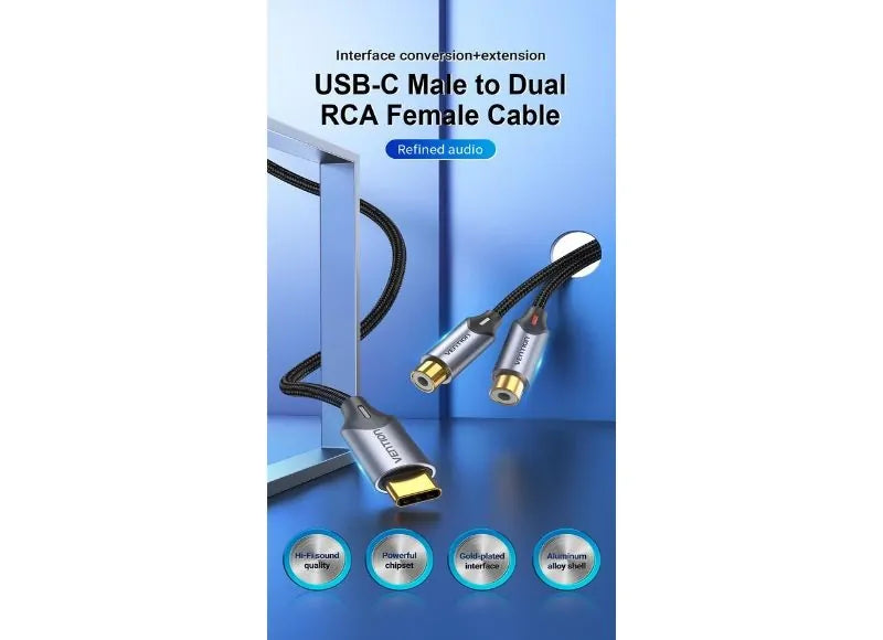 Vention Καλώδιο Ήχου USB-C Male σε 2-Female RCA 1m Gray Aluminum