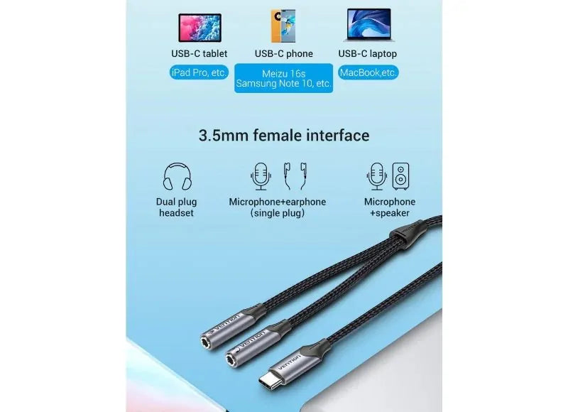Vention Καλώδιο Ήχου USB-C Male To Trs Audio & Mic Jack 0.3m Gray Aluminum